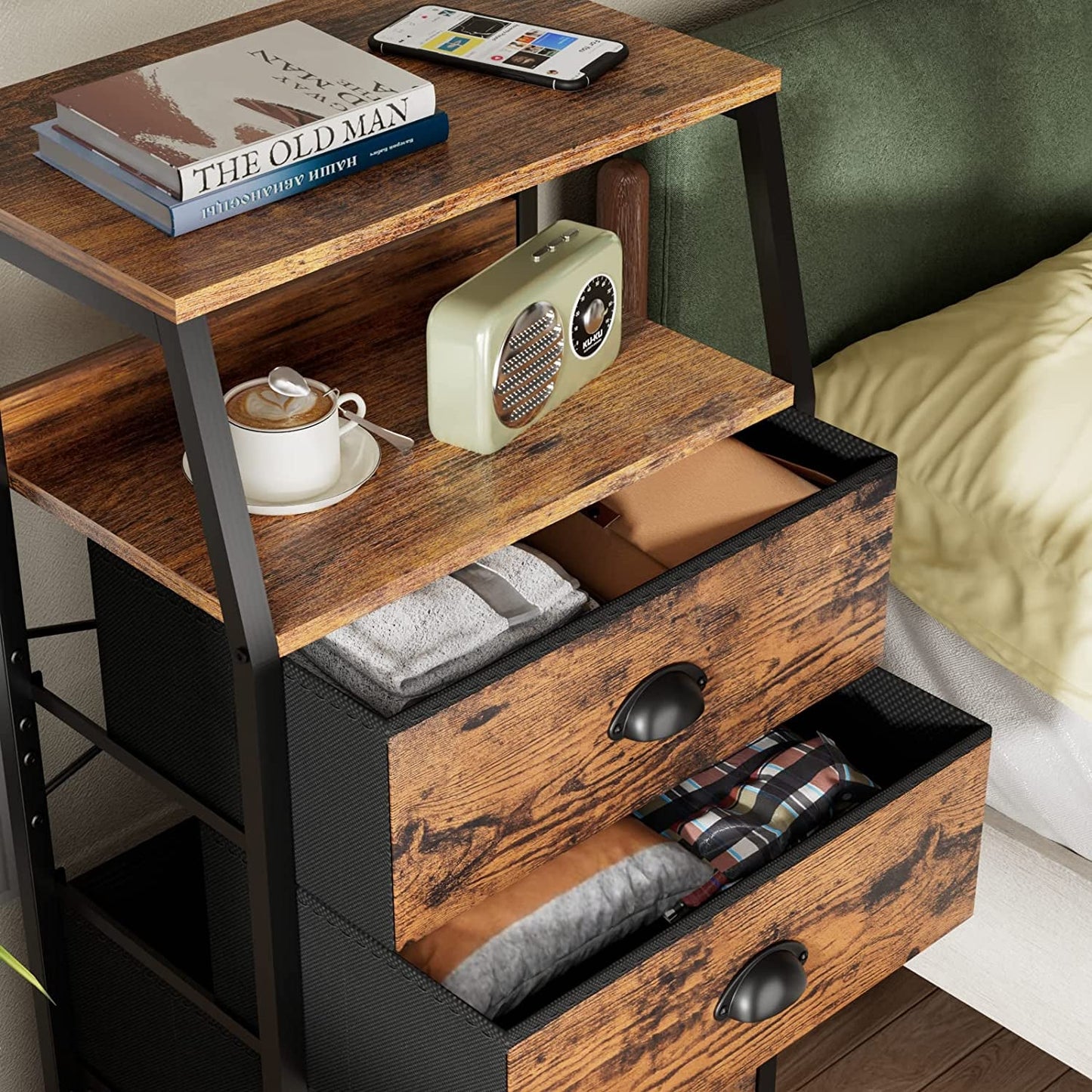Nightstand with 3 Drawers and 2-Tier Shelf, Fabric Small Dresser
