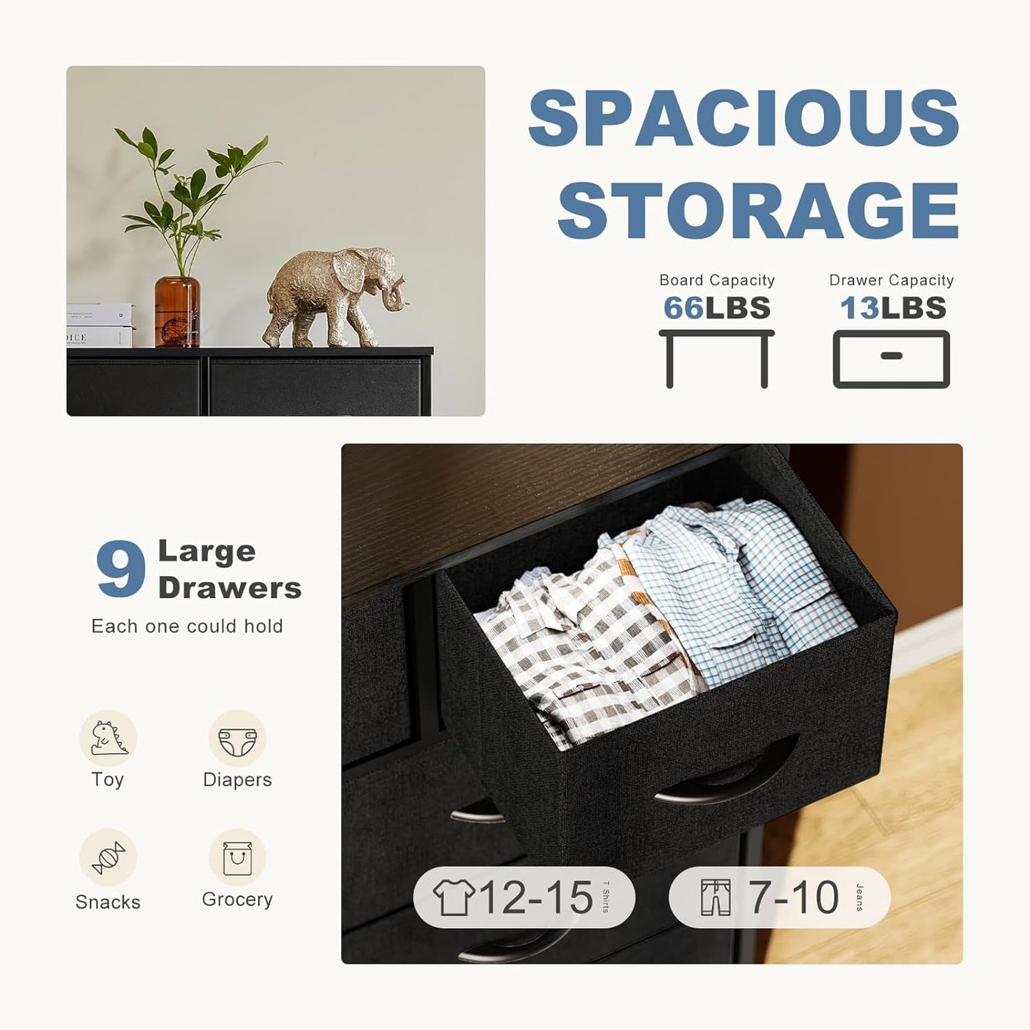 Dresser for Bedroom, Storage Organizer with 9 Drawers, Chest of