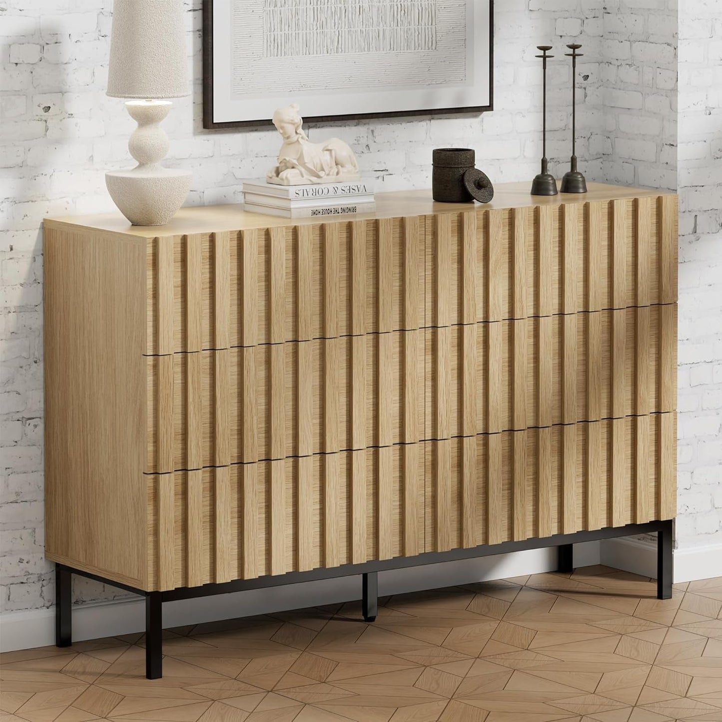 Natural Wood Dresser for Bedroom,Mid Century Modern Dresser,Fluted 6