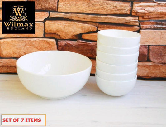 White Dining Bowls With Embossed Design, Set of Seven In A Gift Box