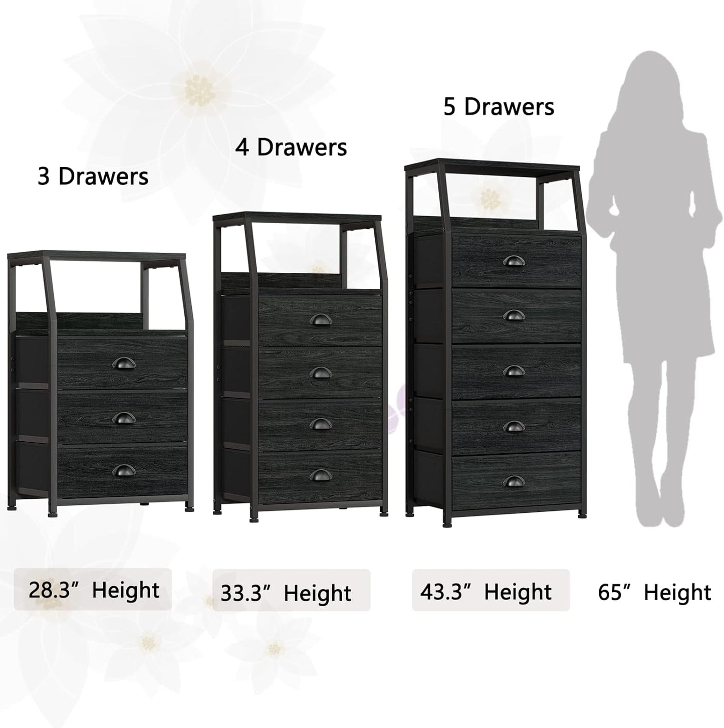 Black Night Stand, Small Dresser for Bedroom, Nightstand with 3 Fabric