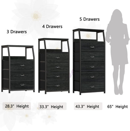 Black Night Stand, Small Dresser for Bedroom, Nightstand with 3 Fabric