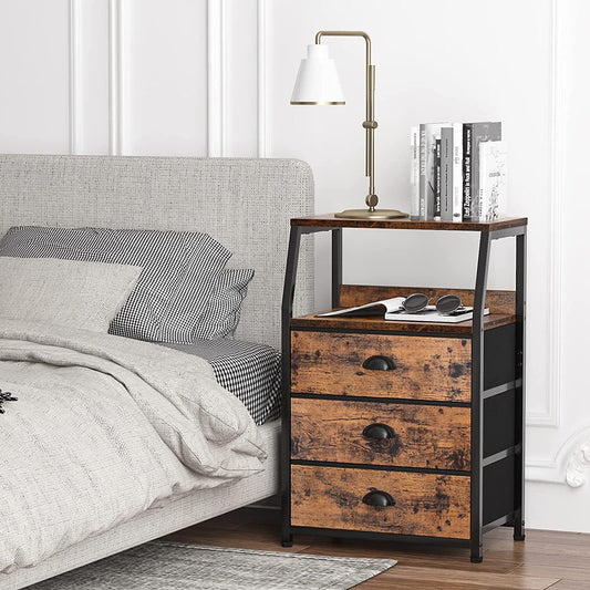 Nightstand with 3 Drawers and 2-Tier Shelf, Fabric Small Dresser