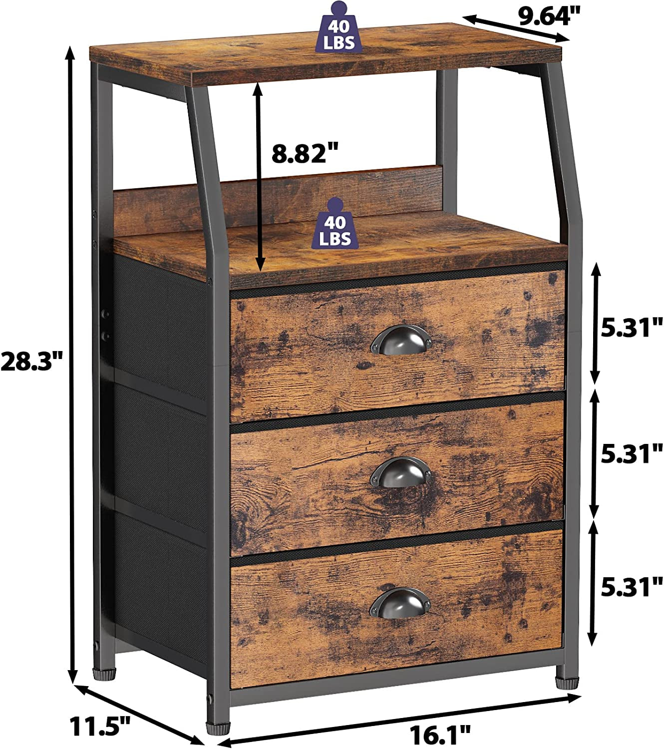Nightstand with 3 Drawers and 2-Tier Shelf, Fabric Small Dresser