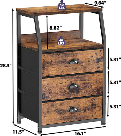 Nightstand with 3 Drawers and 2-Tier Shelf, Fabric Small Dresser