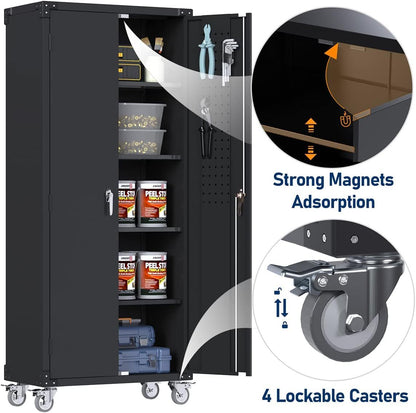 Garage Storage Cabinet With Wheels & Pegboard, H Locking Metal Storage
