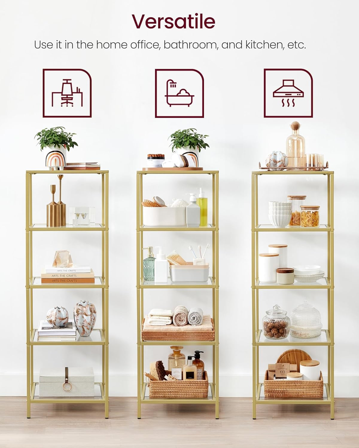 Bookcase, 5-Tier Bookshelf, Slim Shelving Unit for Bedroom, Bathroom,
