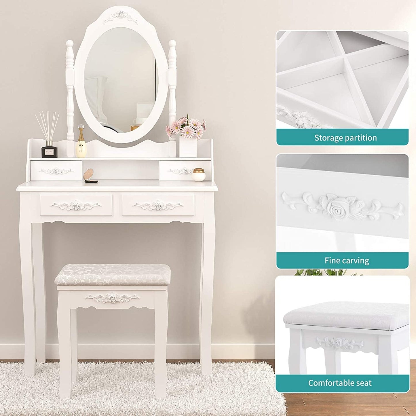 White Bedroom Makeup Table Set