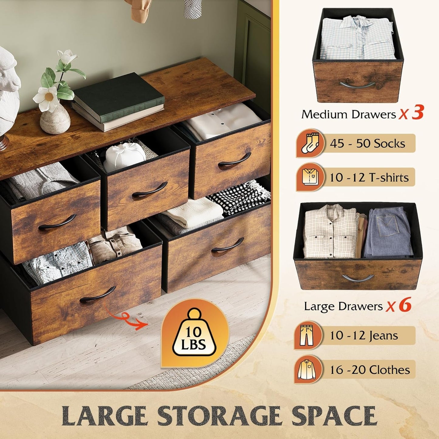 Dresser for Bedroom with 5 Drawers, Wide Chest of Drawers, Fabric