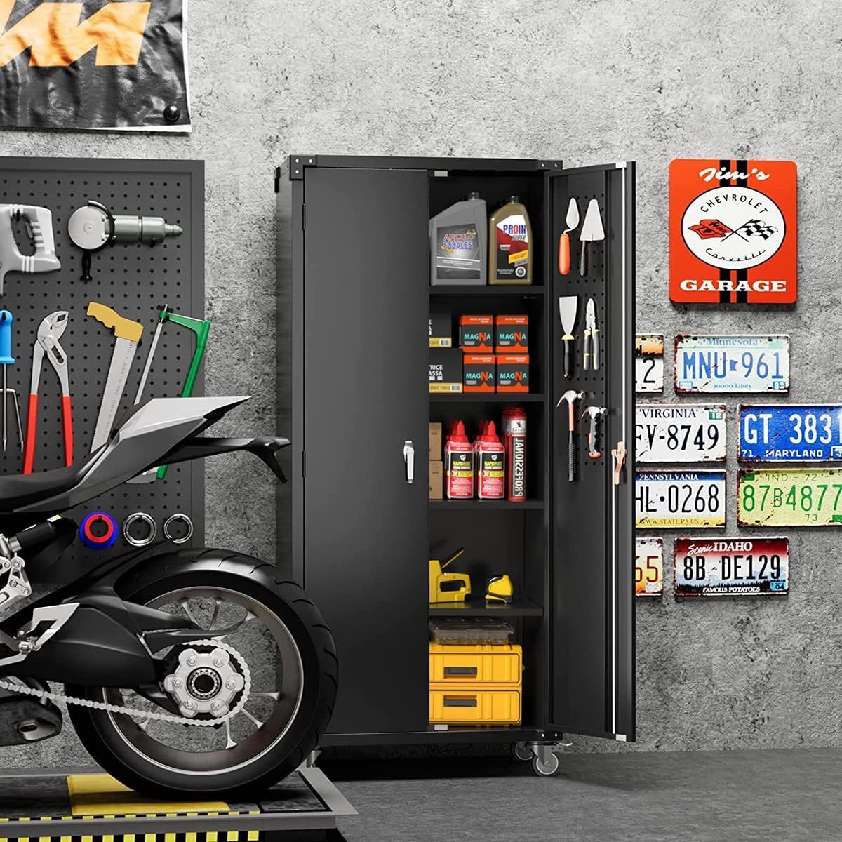 Garage Storage Cabinet With Wheels & Pegboard, H Locking Metal Storage