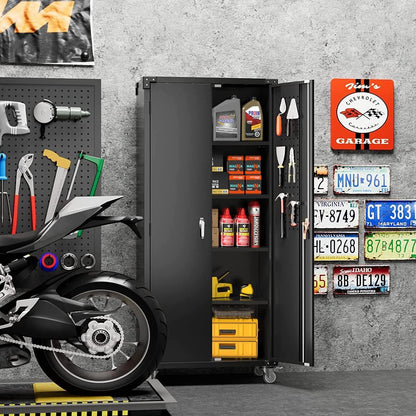 Garage Storage Cabinet With Wheels & Pegboard, H Locking Metal Storage