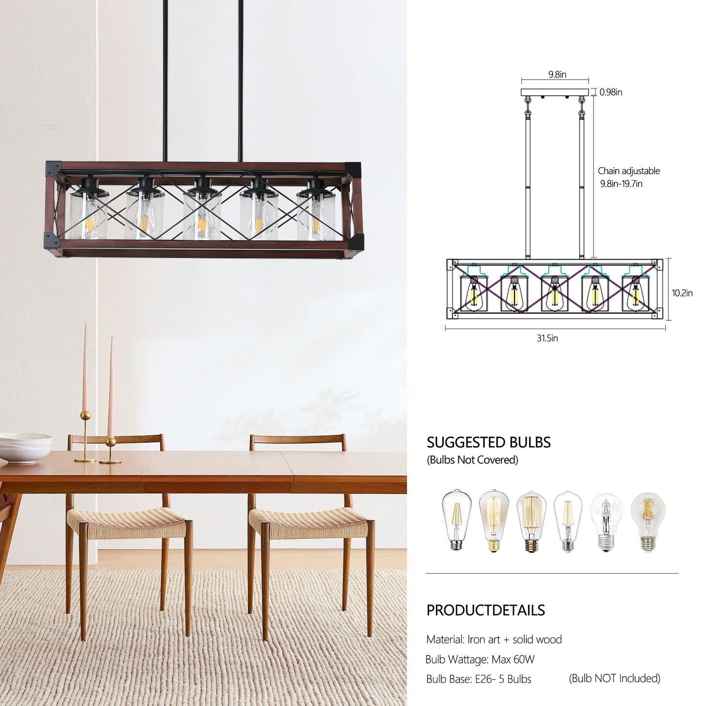5-Light Retro Farmhouse Chandelier For Kitchen, Living room, Dining