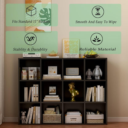 12-Cube Storage Shelf Bookcase - Wooden 3-Tier Floor Standing Open
