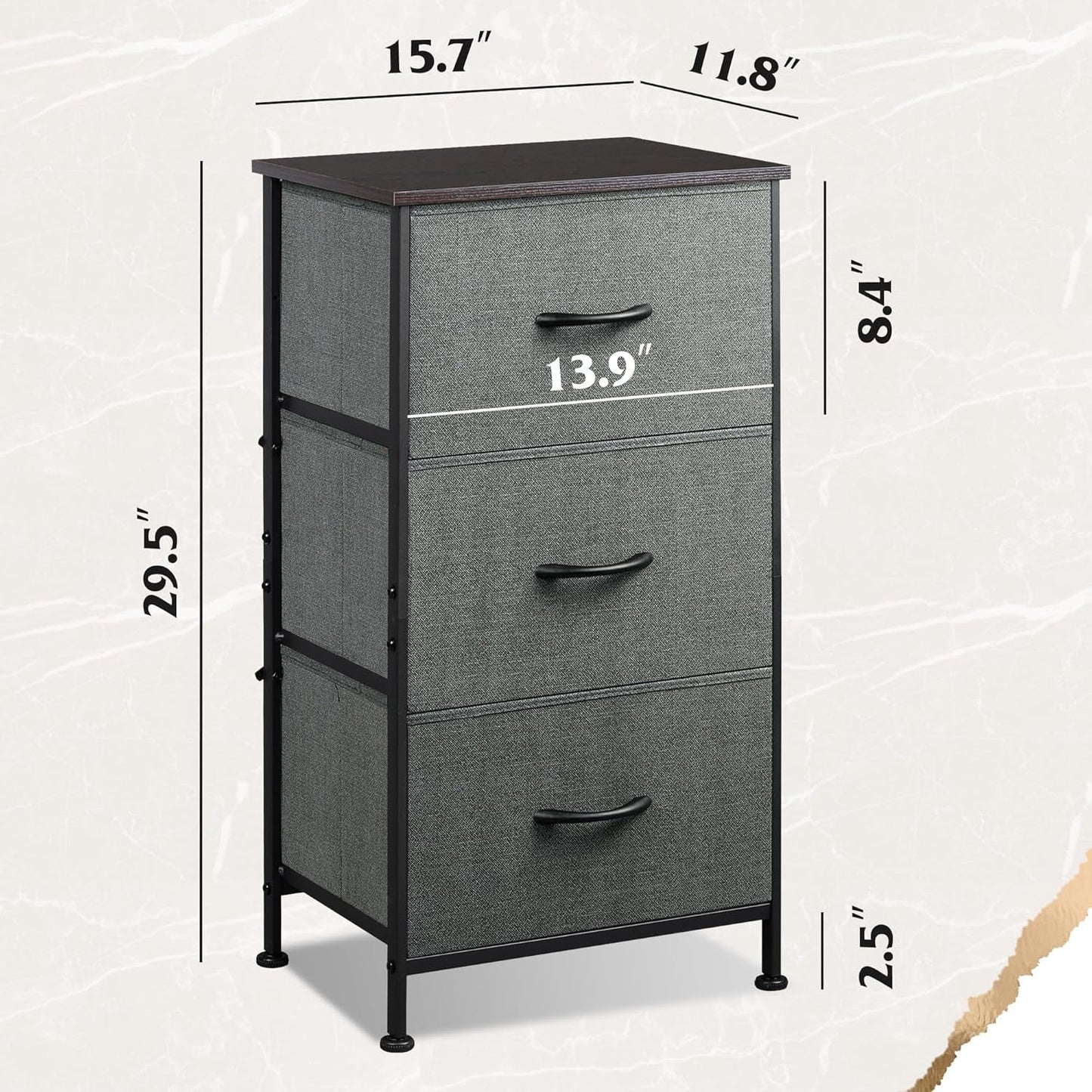 Dresser with 3 Drawers, Fabric Nightstand, Organizer Unit, Storage