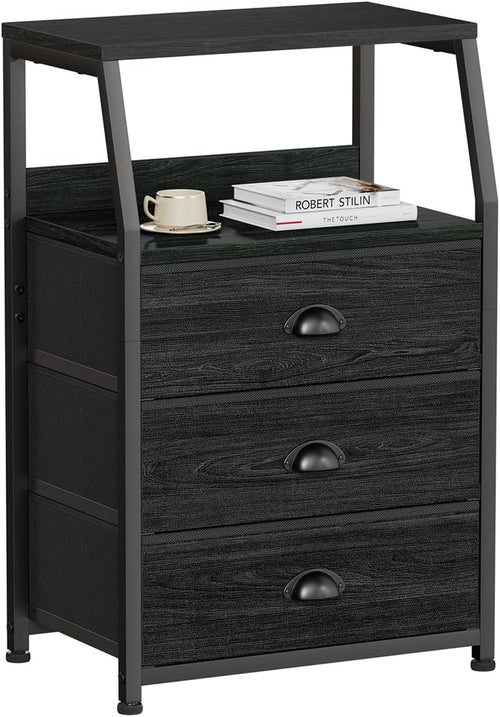 Black Night Stand, Small Dresser for Bedroom, Nightstand with 3 Fabric