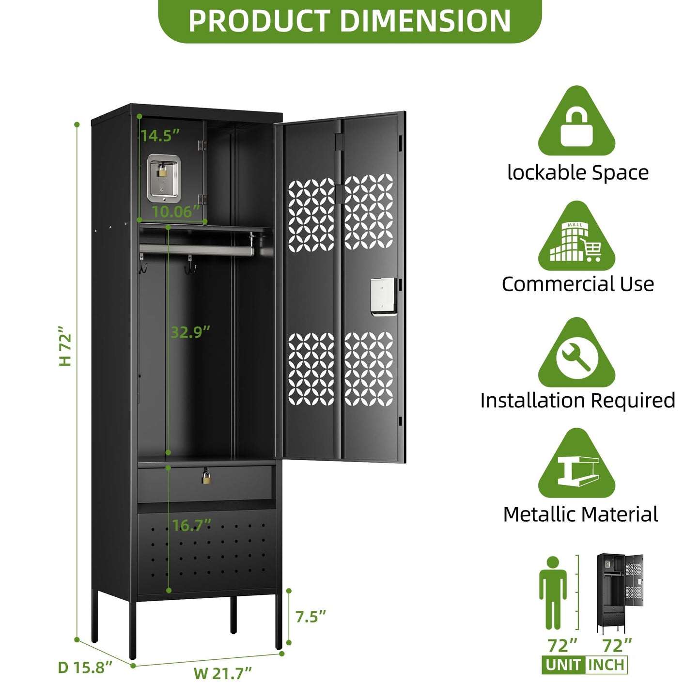 1 Door Metal Locker With Hanging Rod,Metal Storage Locker With