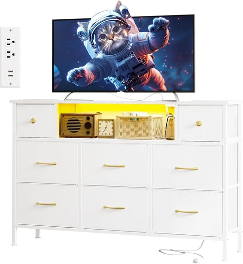 Dresser for Bedroom with Power Outlets and LED Lights, White 55" TV