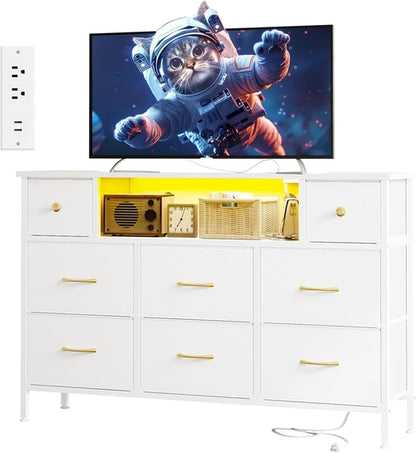 Dresser for Bedroom with Power Outlets and LED Lights, White 55" TV