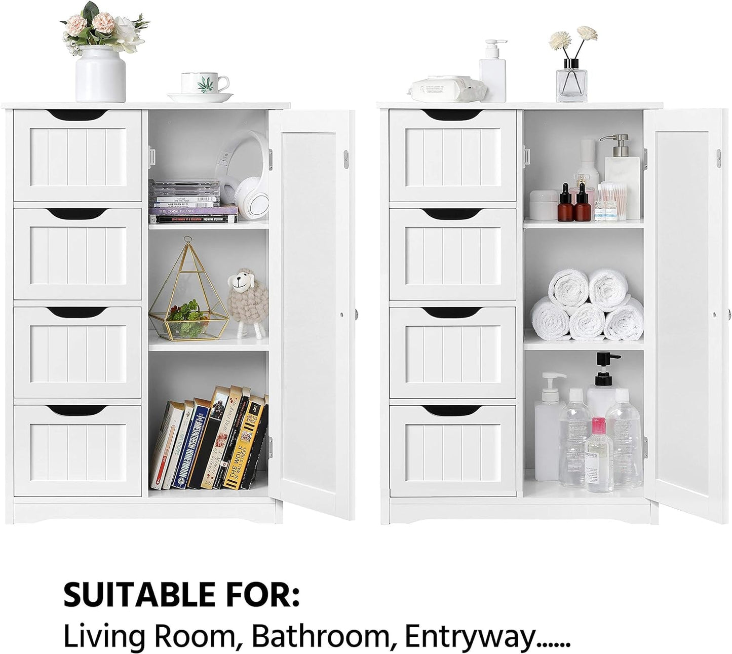 Wooden Floor Cabinet, Side Storage Organizer with 4 Drawers and 1