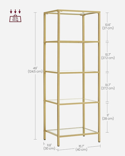 Bookcase, 5-Tier Bookshelf, Slim Shelving Unit for Bedroom, Bathroom,