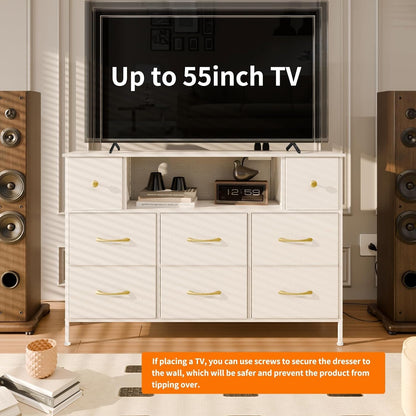 Dresser for Bedroom with Power Outlets and LED Lights, White 55" TV