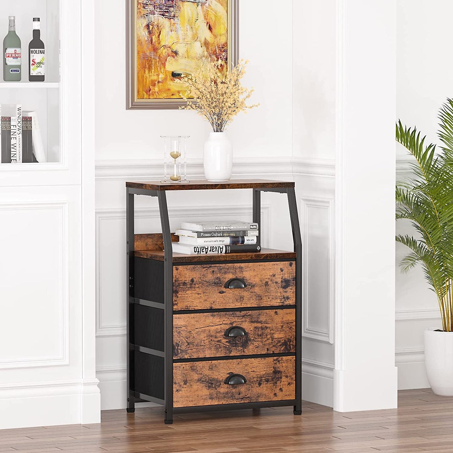 Nightstand with 3 Drawers and 2-Tier Shelf, Fabric Small Dresser