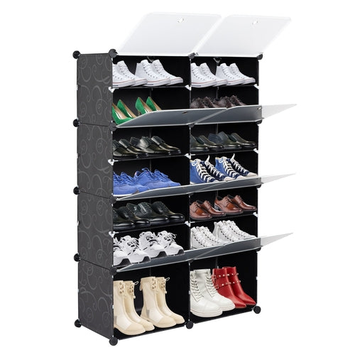7-Tier Portable 28 Pair Shoe Rack Organizer 14 Grids Tower Shelf