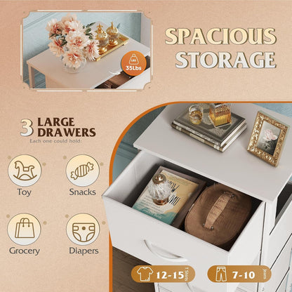 Dresser with 3 Drawers, Fabric Nightstand, Cabinet with Wheels,