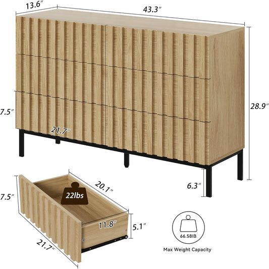 Natural Wood Dresser for Bedroom,Mid Century Modern Dresser,Fluted 6