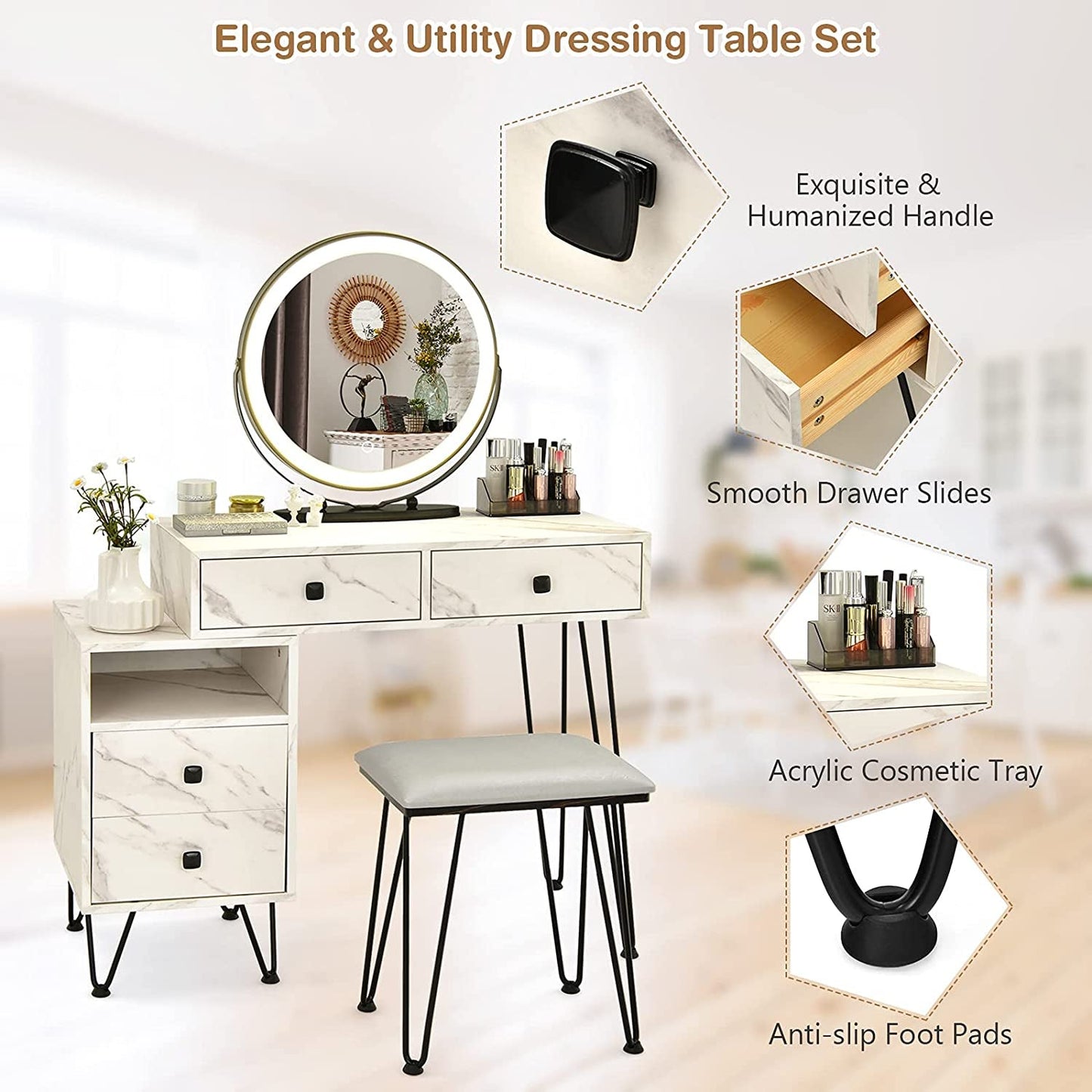 Vanity Set with Lighted Mirror, Left or Right Side Cabinet (Marble