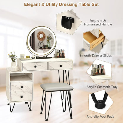 Vanity Set with Lighted Mirror, Left or Right Side Cabinet (Marble