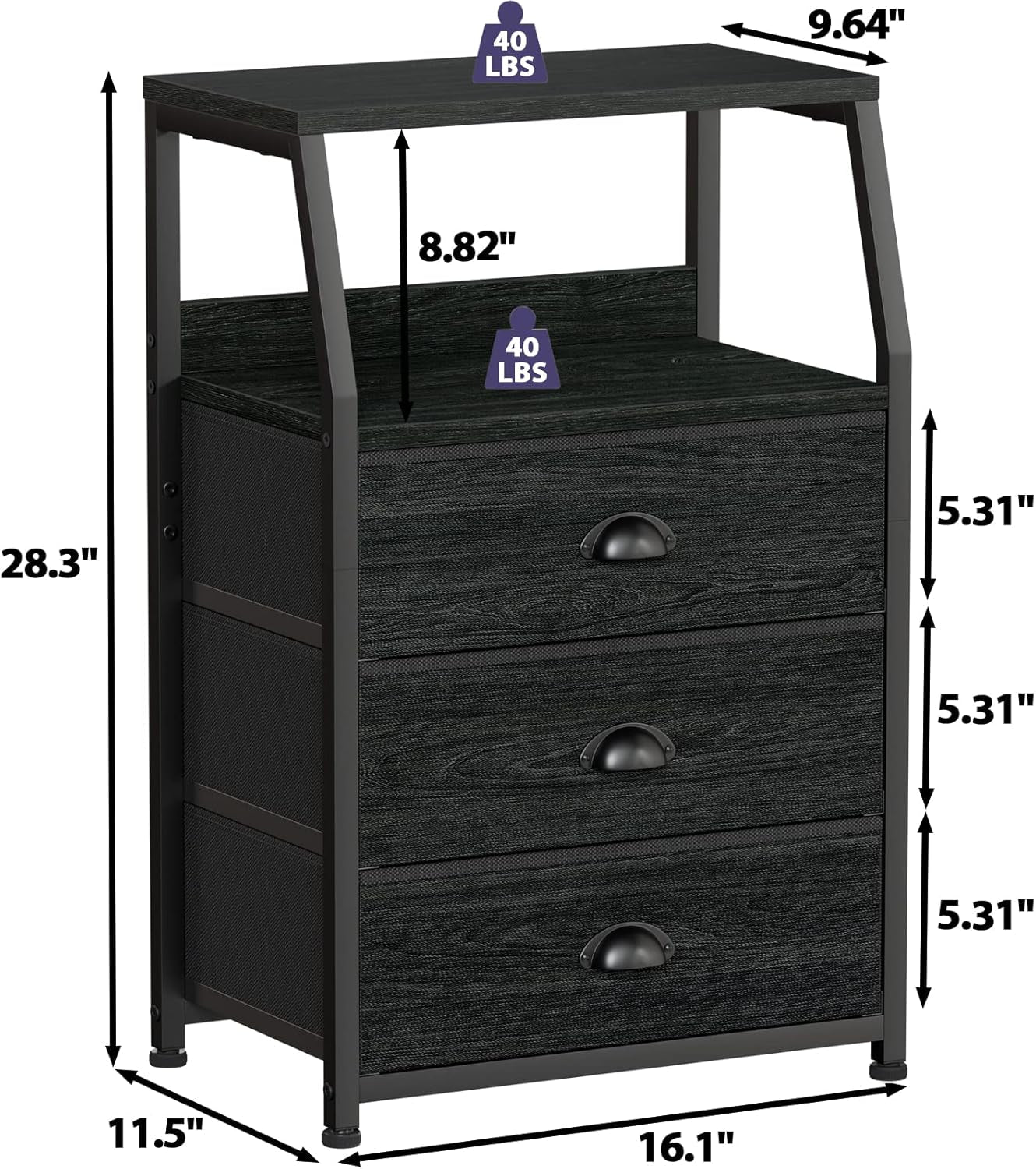 Black Night Stand, Small Dresser for Bedroom, Nightstand with 3 Fabric