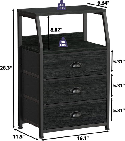 Black Night Stand, Small Dresser for Bedroom, Nightstand with 3 Fabric