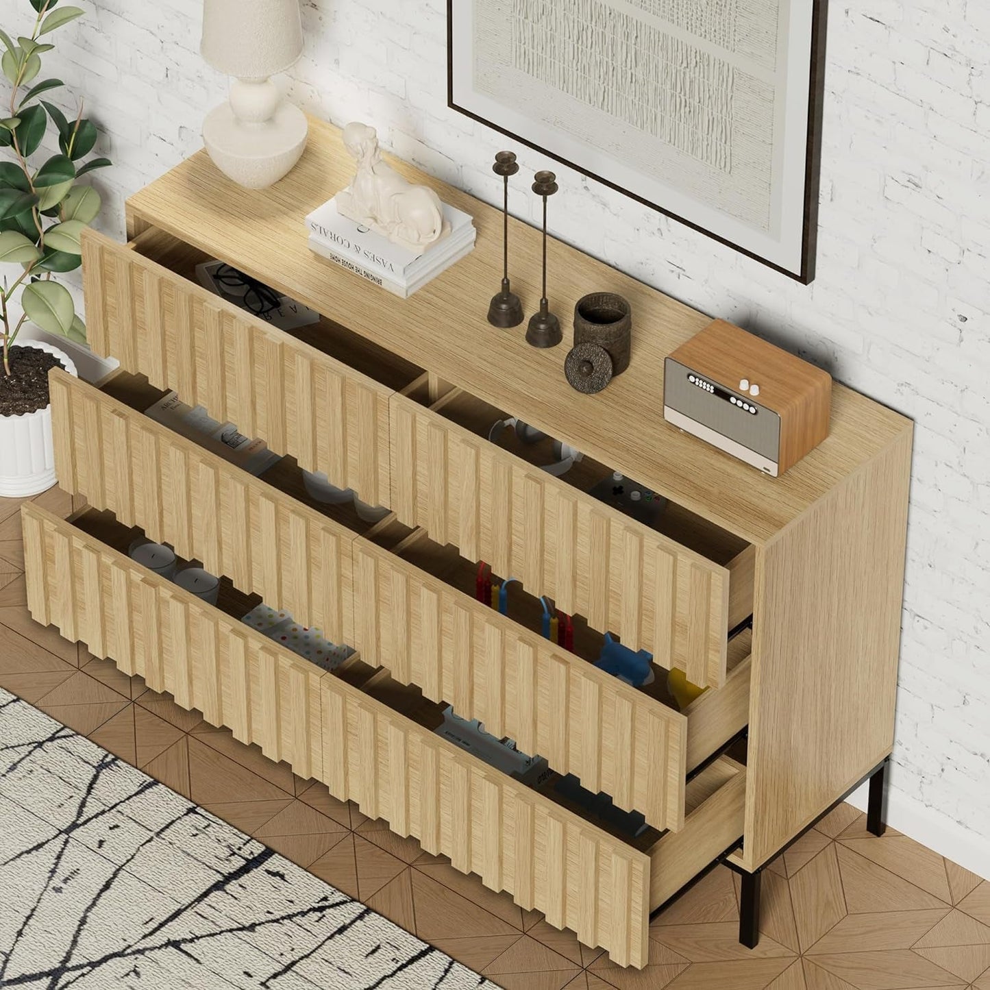 Natural Wood Dresser for Bedroom,Mid Century Modern Dresser,Fluted 6