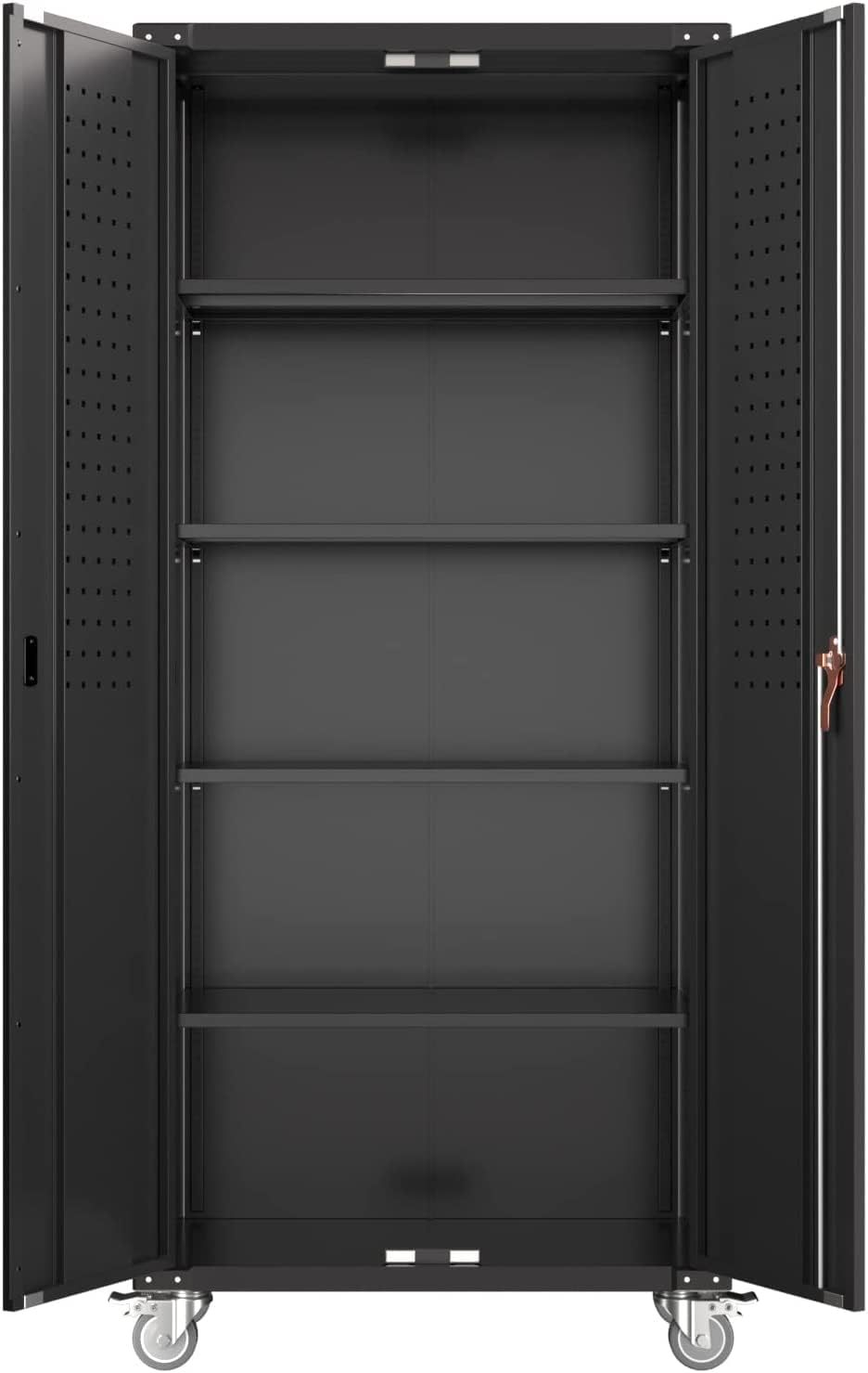 Garage Storage Cabinet With Wheels & Pegboard, H Locking Metal Storage