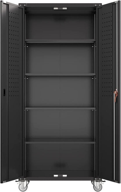 Garage Storage Cabinet With Wheels & Pegboard, H Locking Metal Storage
