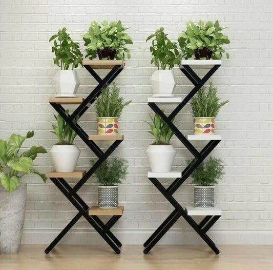 Modern Zig-Zag Metal & Wood Plant Stand – 5-Tier Display Rack (2-Piece
