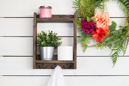 Solid Wood Bathroom Shelf with Towel Hooks